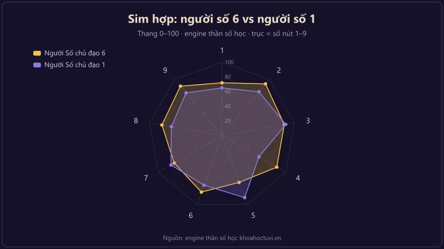 Biểu đồ radar so sánh sim hợp với người số chủ đạo 6 và người số chủ đạo 1 trong thần số học