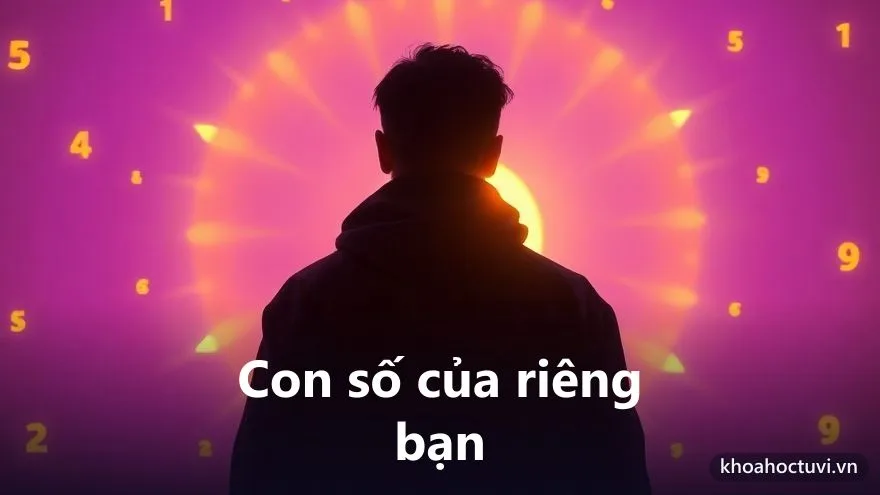 Một người đứng giữa vòng ánh sáng với con số phát sáng riêng vây quanh, tượng trưng cho con số may mắn theo thần số học của mỗi người