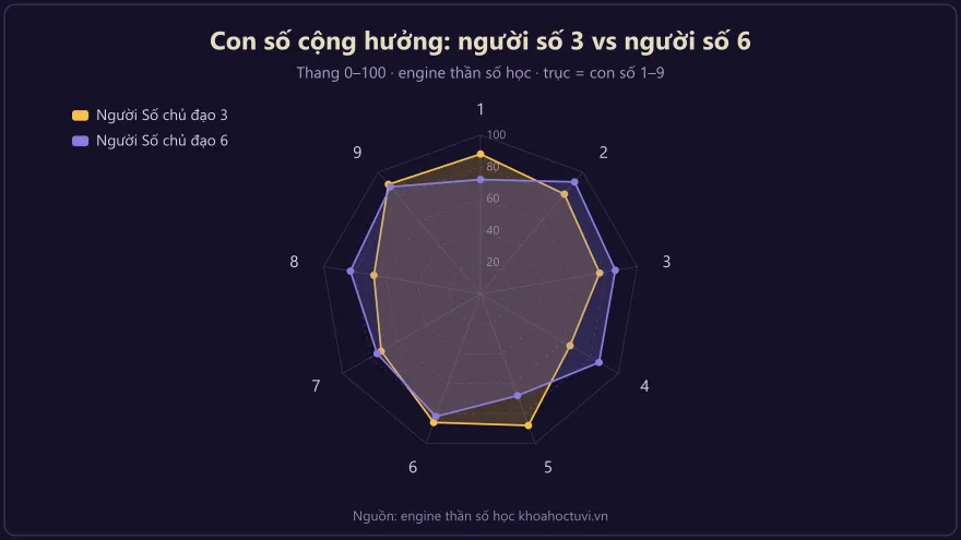 Biểu đồ radar so sánh con số cộng hưởng với người số chủ đạo 3 và người số chủ đạo 6 trong thần số học