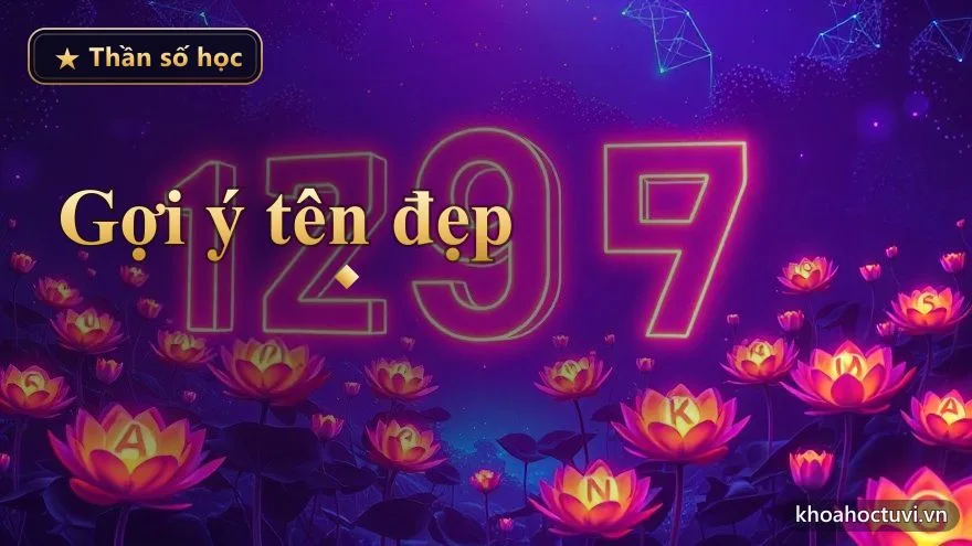 Một vườn hoa sen và hoa mai ánh sáng vàng kim nở rộ, mỗi bông mang một chữ cái phát sáng, trên nền vũ trụ ấm — gợi ý những cái tên đẹp cho bé theo nhóm nghĩa