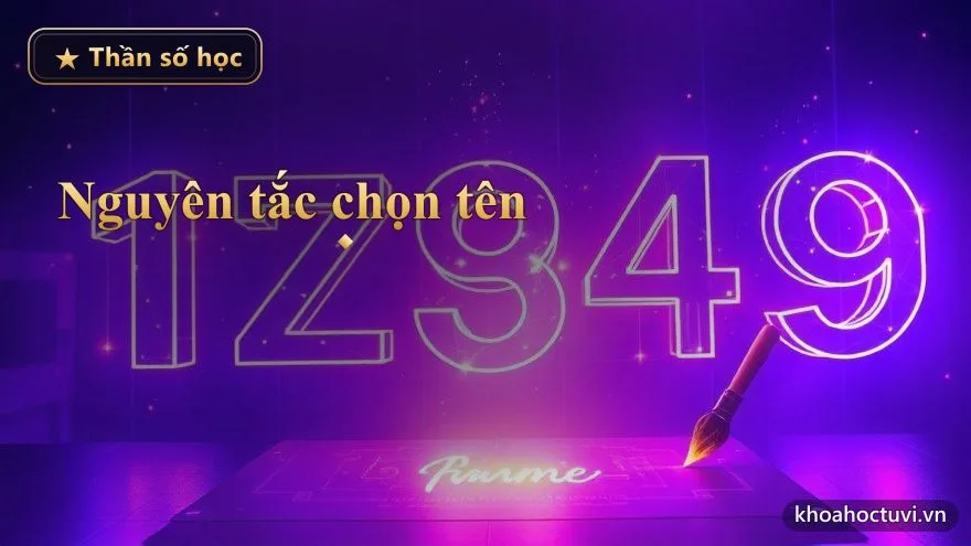 Cây bút lông vàng kim đang viết một cái tên bằng ánh sáng trên nền giấy phát quang giữa vũ trụ — nguyên tắc chọn tên hay vừa đẹp nghĩa vừa hòa hợp