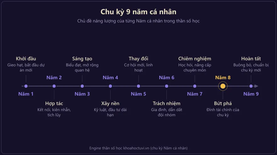 Biểu đồ dòng thời gian chu kỳ 9 năm cá nhân: năm 1 khởi đầu, năm 4 xây nền, năm 8 bứt phá tài chính, năm 9 hoàn tất và buông bỏ