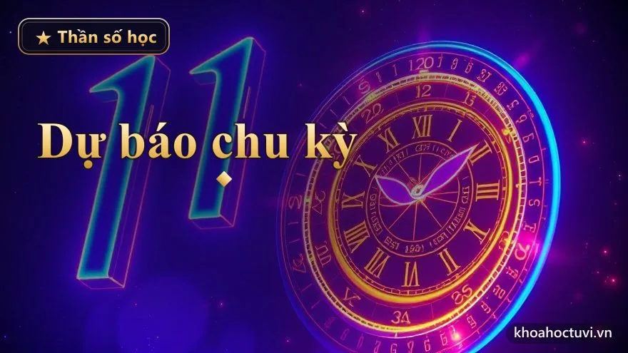 Một vòng xoắn ánh sáng vàng gồm chín nấc phát quang cuộn quanh một đồng hồ thiên văn cổ trên nền vũ trụ — dự báo thần số học theo chu kỳ 9 năm