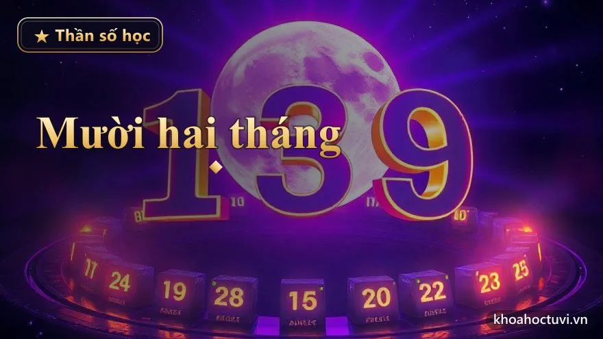 Mười hai ô lịch ánh sáng vàng xếp vòng tròn quanh một vầng trăng phát quang trên nền vũ trụ — mười hai tháng cá nhân mỗi tháng một nhịp năng lượng riêng