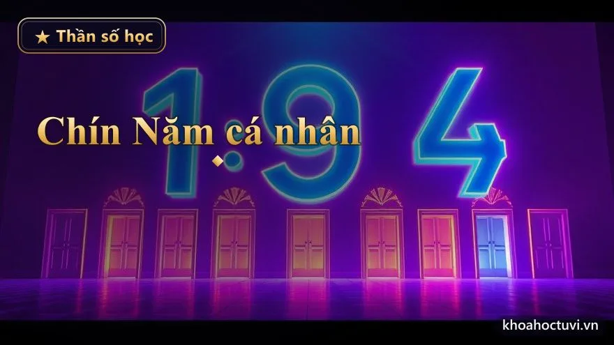 Chín cánh cửa ánh sáng vàng xếp thành hàng, mỗi cửa tỏa một sắc ấm khác nhau, trên nền vũ trụ — chín Năm cá nhân mỗi năm một chủ đề riêng
