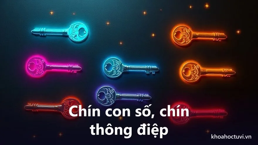 Chín con số phát sáng với sắc thái riêng tượng trưng cho ý nghĩa từng con số nút của mã PIN trong thần số học