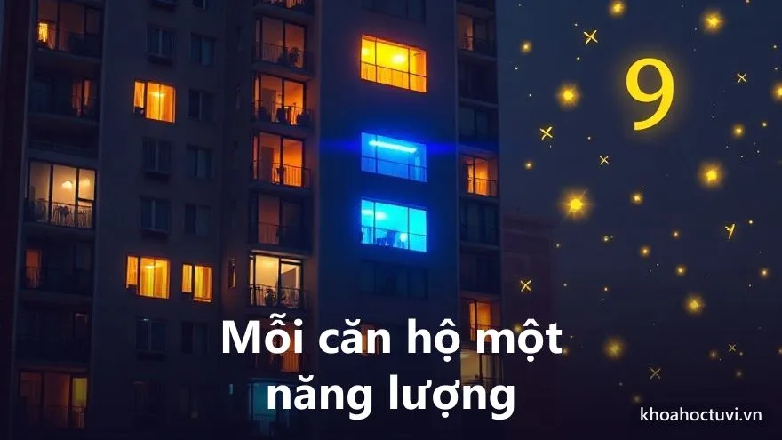 Một tòa chung cư ban đêm với các ô cửa sổ sáng đèn và con số phát sáng trên một căn hộ, minh họa số căn hộ hợp thần số học