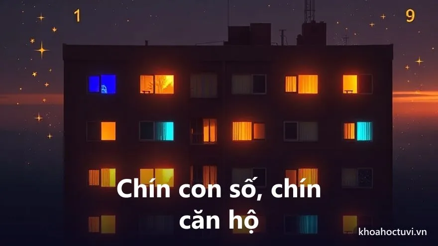 Chín ô căn hộ nhỏ phát sáng với sắc thái khác nhau tượng trưng cho ý nghĩa từng số căn hộ trong thần số học