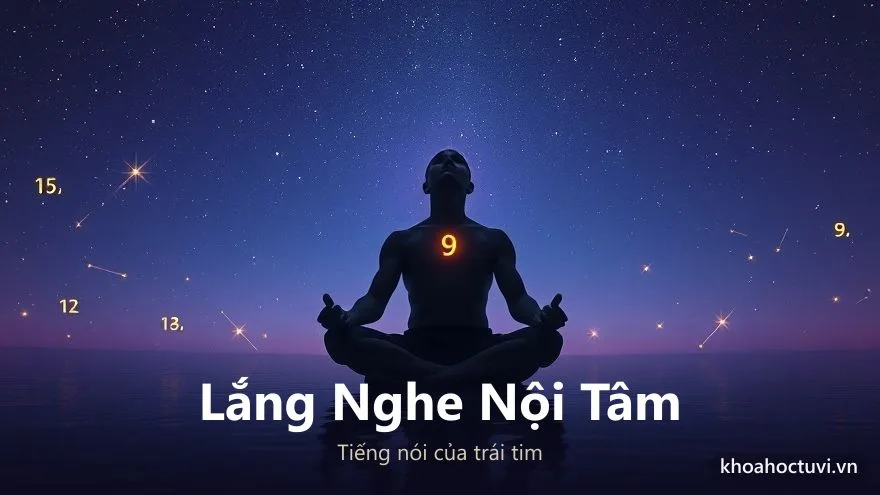 Người ngồi tĩnh lặng dưới bầu trời sao lắng nghe tiếng nói nội tâm minh họa ý nghĩa số linh hồn