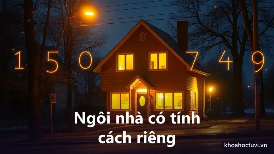 Một ngôi nhà ấm áp phát ra ánh sáng vàng dịu trong đêm, con số phát sáng lơ lửng trên cửa, minh họa số nhà hợp thần số học