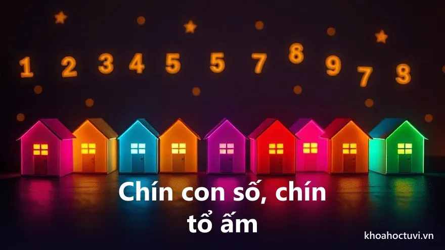 Chín ngôi nhà nhỏ phát sáng với sắc thái khác nhau tượng trưng cho ý nghĩa từng số nhà trong thần số học