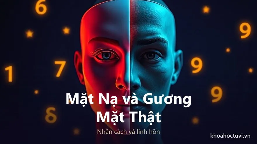 Tranh khái niệm chiếc mặt nạ số nhân cách và gương mặt thật số linh hồn đối chiếu