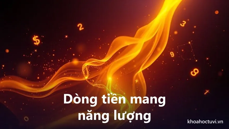 Một dòng ánh sáng vàng chảy thành dãy số phát sáng trên nền tối, minh họa dòng tiền và năng lượng con số tài khoản