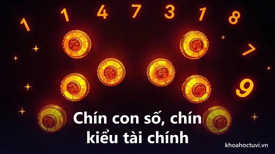 Chín con số phát sáng với sắc thái riêng tượng trưng cho ý nghĩa từng số tài khoản ngân hàng trong thần số học