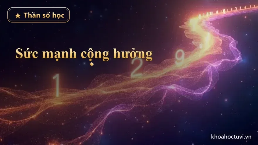 Hai dòng năng lượng vàng và tím xoắn vào nhau vươn lên cùng các con số 1, 2, 9 phát sáng — sức mạnh cộng hưởng khi hai đối tác bổ trợ nhau theo thần số học