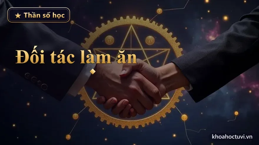 Hai doanh nhân bắt tay trước vòng hình học thiêng và bánh răng vàng, các con số phát sáng rải quanh trên nền tím than — xem đối tác làm ăn hợp nhau theo thần số học