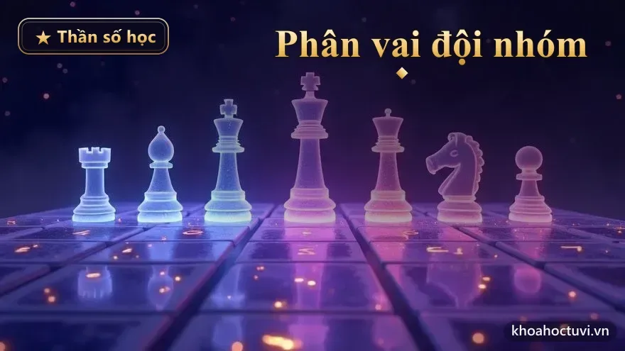Bộ quân cờ phát sáng nhiều màu neon đứng trên bàn cờ khắc con số — phân vai đội nhóm theo thế mạnh số chủ đạo trong thần số học đối tác