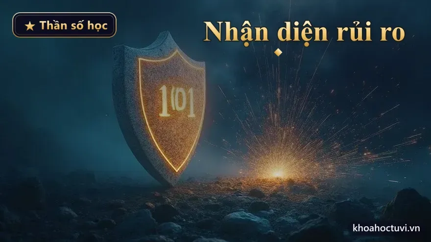 Chiếc khiên khắc con số phát sáng chắn trước cơn bão tia lửa trên nền thép lạnh — nhận diện sớm rủi ro trong hợp tác theo thần số học