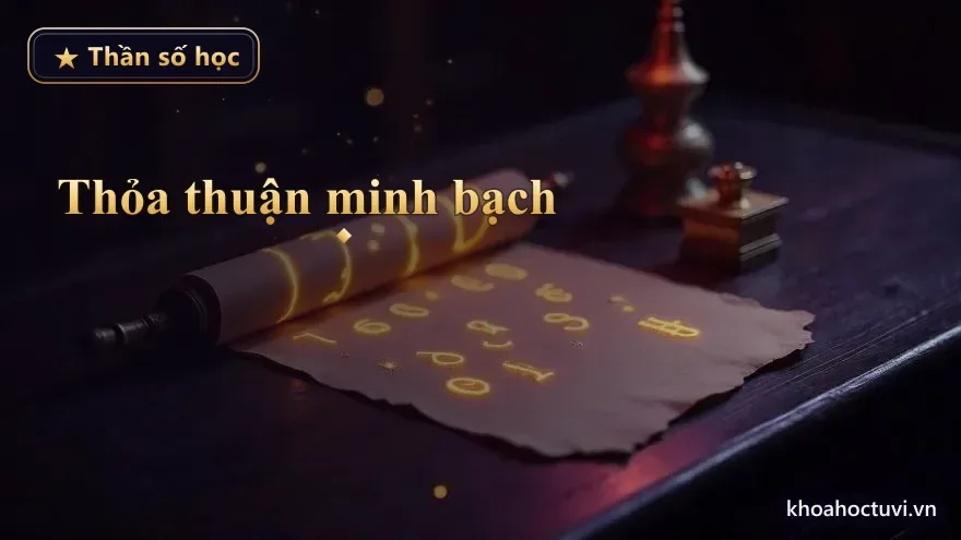 Cuộn khế ước phát những con số vàng trên bàn gỗ cùng ấn triện — thỏa thuận minh bạch giữ mối hợp tác bền theo thần số học