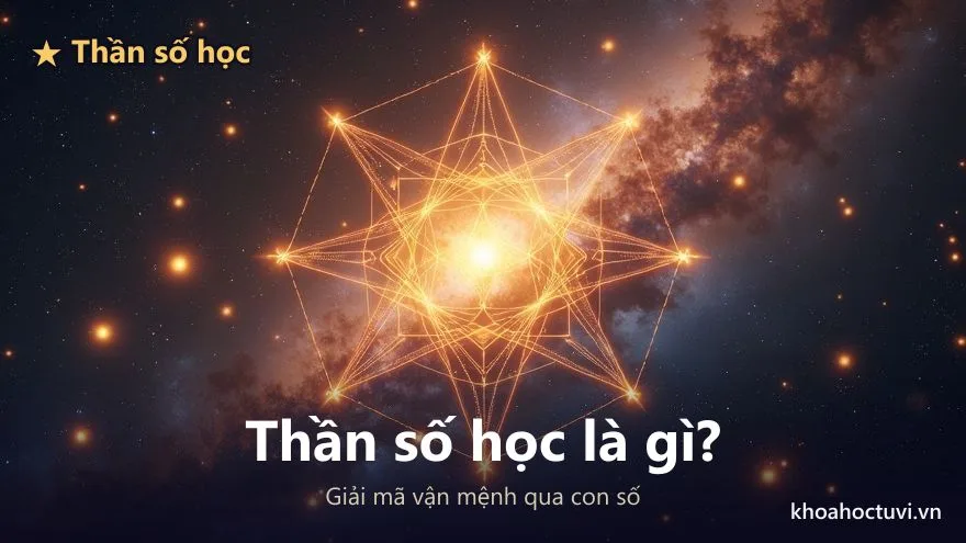 Sao hình học thiêng phát sáng vàng và những vầng sáng trong không gian vũ trụ — thần số học Pythagoras giải mã con người qua con số
