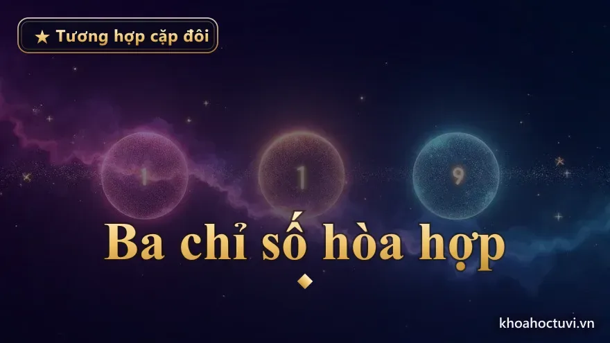 Ba quả cầu ánh sáng mang con số — hồng, vàng và xanh ngọc — nối nhau bằng dòng tinh vân trên nền vũ trụ, tượng trưng ba chỉ số Tổng thể, Sứ mệnh và Linh hồn quyết định độ hòa hợp cặp đôi thần số học