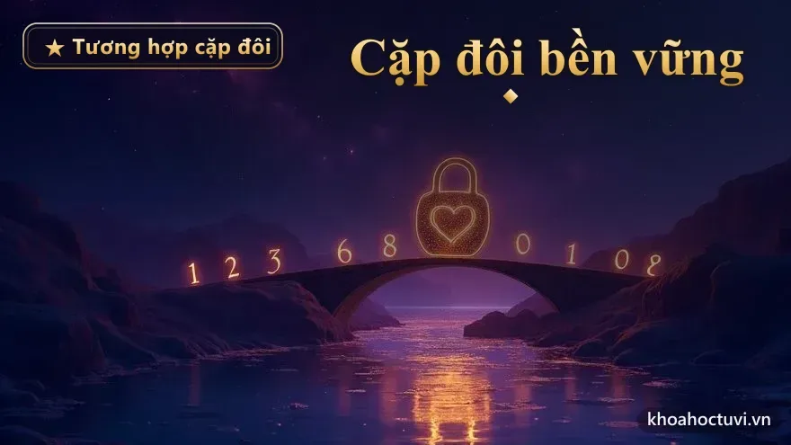 Chiếc khóa tình yêu ánh sáng vàng khắc trái tim đặt trên cây cầu sao bắc qua dòng sông vũ trụ, những con số phát sáng dọc thành cầu — dấu hiệu cặp đôi bền vững là thấu hiểu và tôn trọng nhau
