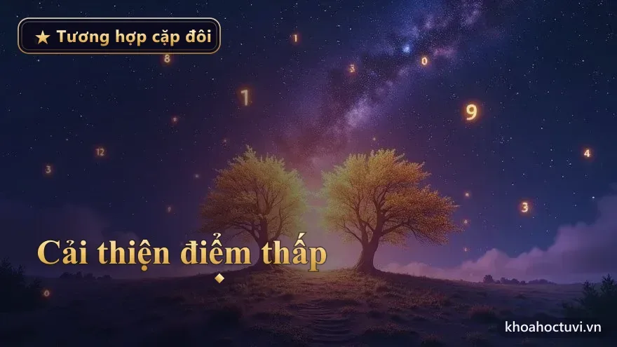 Hai cây phát sáng vàng kim đan cành vào nhau vươn lên bầu trời sao rải những con số — cặp đôi điểm thấp vẫn bền vững khi biết bù trừ và thấu hiểu