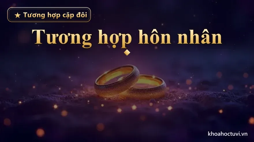 Hai chiếc nhẫn cưới ánh sáng vàng kim lồng kề nhau tỏa hào quang trên nền cát sao ấm áp tím vàng — tương hợp trong hôn nhân dựa nhiều vào Số sứ mệnh
