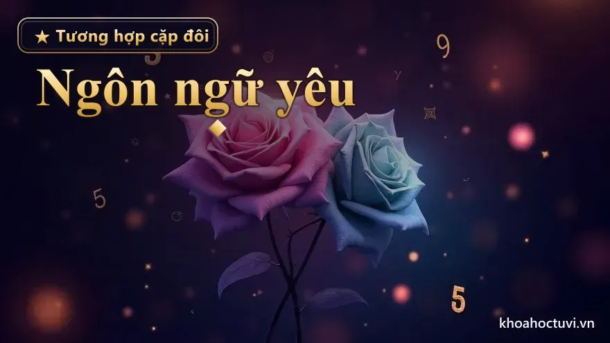 Hai bông hồng ánh sáng, một hồng một xanh ngọc, cánh hoa quyện vào nhau cùng những con số vàng rải quanh trên nền vũ trụ ấm áp — mỗi số chủ đạo có một ngôn ngữ yêu riêng
