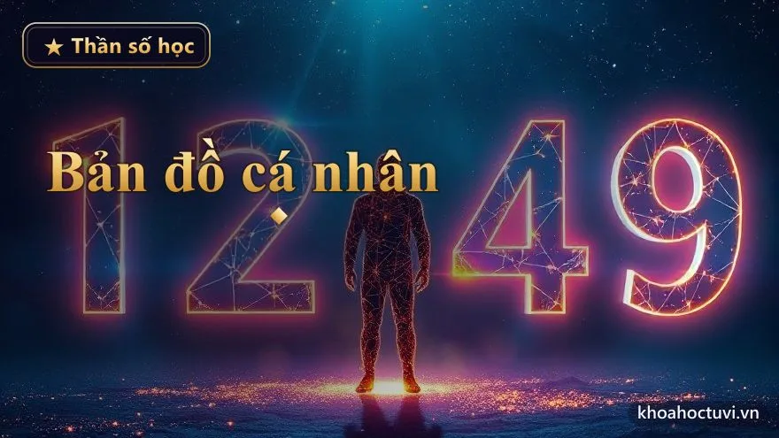 Chòm sao vàng kim ghép thành hình một con người bằng những ngôi sao và con số trên nền vũ trụ tím — bản đồ thần số học cá nhân là duy nhất với mỗi người