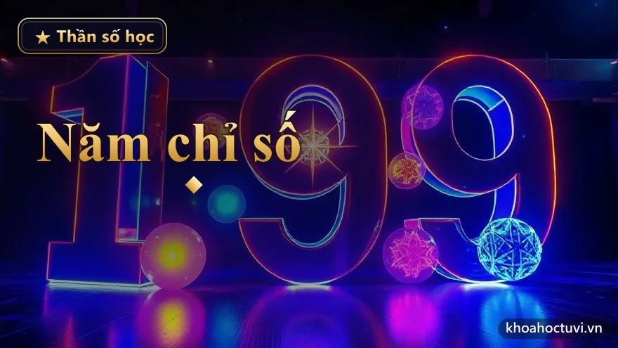 Năm quả cầu năng lượng màu vàng, tím, xanh ngọc, xanh dương và hồng xoay quanh một ngôi sao trung tâm sáng — năm chỉ số trong bản đồ thần số cá nhân