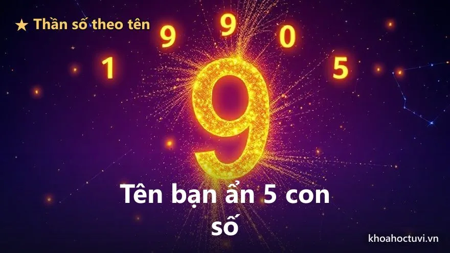 Một cái tên viết tay bằng ánh sáng vàng kim đang tan thành chòm sao những con số 1 đến 9 trên nền vũ trụ tím — thần số học theo tên giải mã con người qua chính họ tên