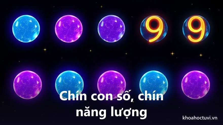 Chín con số phát sáng với các sắc thái khác nhau, tượng trưng cho năng lượng riêng của từng số nút điện thoại