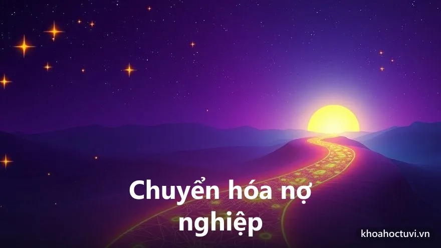 Hình ảnh con đường đi lên từ bóng tối ra ánh sáng minh họa việc chuyển hóa nợ nghiệp thành bài học trưởng thành