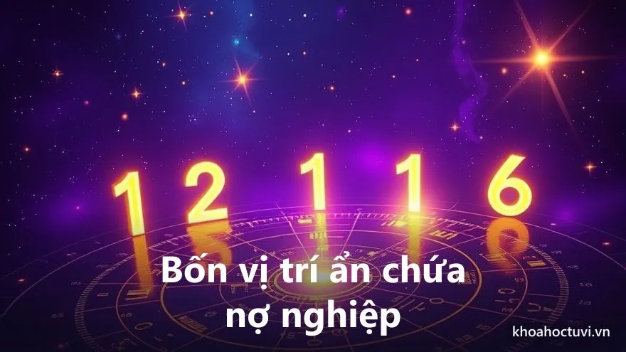Sơ đồ bốn vị trí ẩn chứa nợ nghiệp thần số học trong biểu đồ ngày sinh và tên