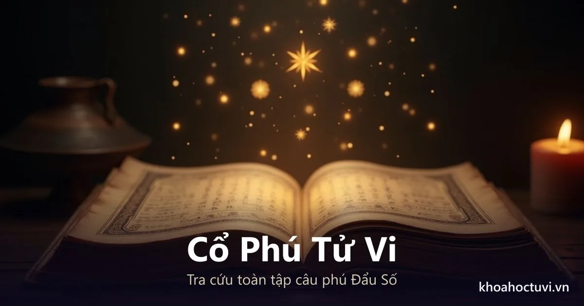Trang sách phú Tử Vi cổ mở rộng dưới ánh nến, chữ Hán-Việt phát sáng vàng cùng các biểu tượng sao Đẩu Số — kho cổ phú Tử Vi
