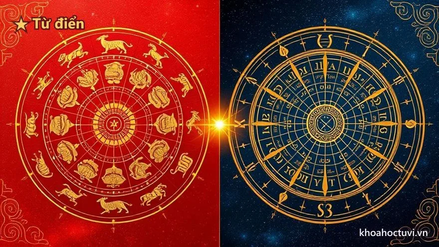 Bố cục đối xứng: bên trái vòng con giáp phương Đông màu đỏ – vàng, bên phải vòng hoàng đạo phương Tây màu xanh – vàng, gặp nhau ở đường sáng giữa
