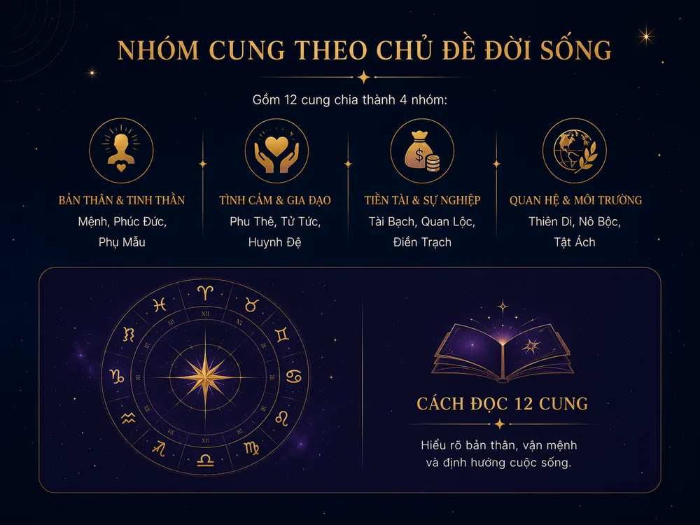 Nhóm 12 cung tử vi theo chủ đề — bản thân, tình cảm, tiền tài, quan hệ