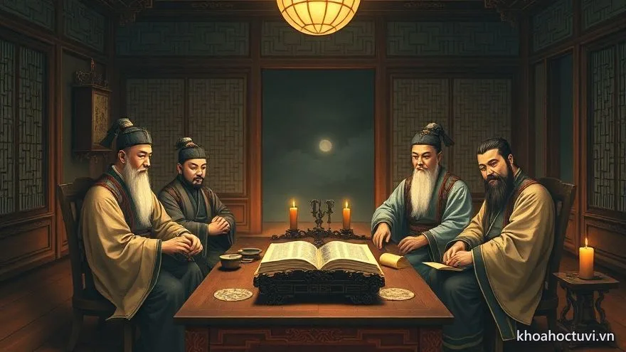 Bốn vị quan văn ngồi quanh án thư dưới ánh trăng trong thư phòng cổ — bộ tứ Cơ Nguyệt Đồng Lương