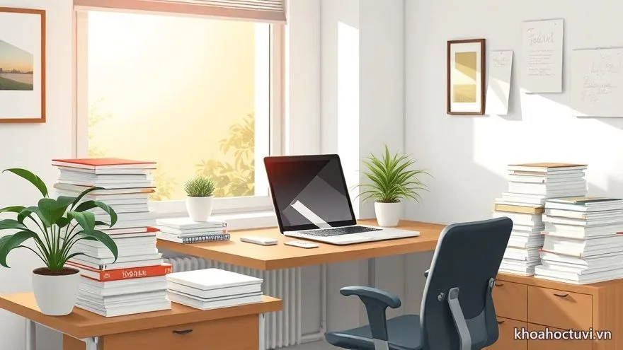 Góc làm việc ngăn nắp bên cửa sổ nắng với chồng hồ sơ xếp thẳng hàng — nếp làm việc của cách Cơ Nguyệt Đồng Lương