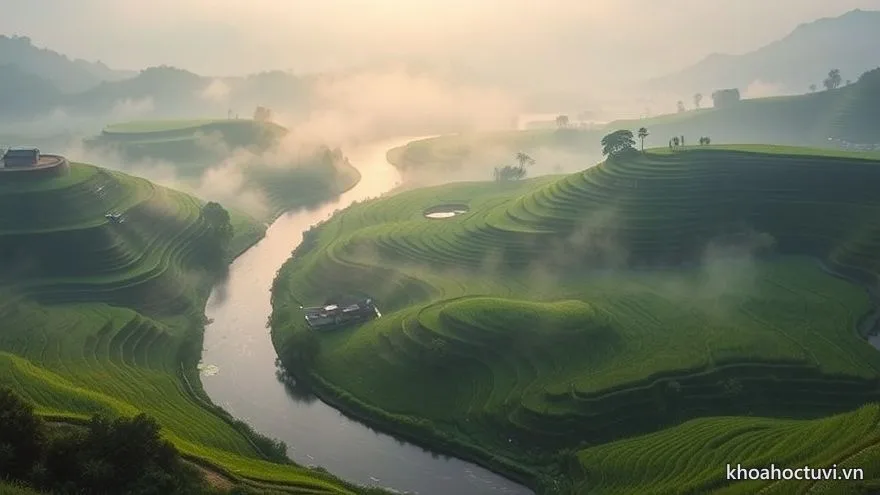 Dòng sông uốn khúc chảy qua ruộng bậc thang xanh mướt về phía chân trời sáng — vận trình tiến từng bậc của Cơ Nguyệt Đồng Lương