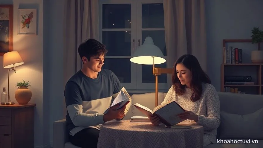 Đôi vợ chồng cùng đọc sách bên đèn ấm trong phòng khách gọn gàng buổi tối