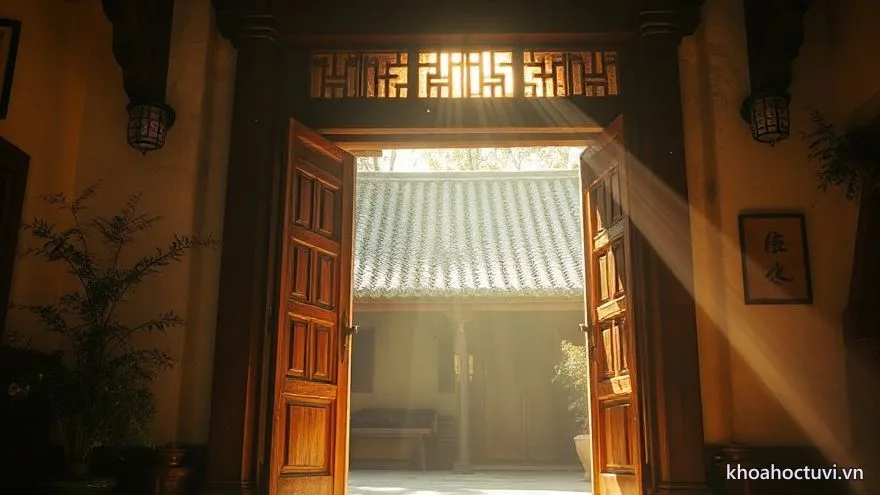 Mặt trời vàng rực chiếu thẳng vào cánh cổng gỗ lớn đang hé mở giữa sân đình cổ