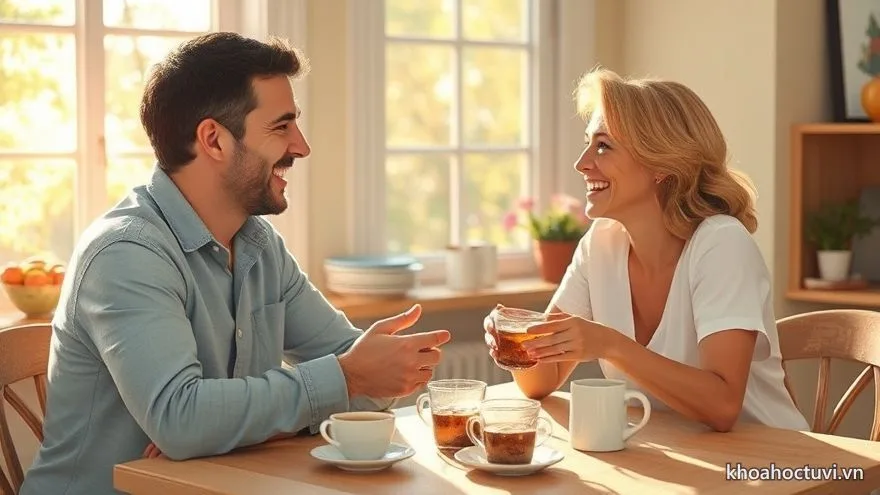 Đôi vợ chồng vừa pha trà vừa trò chuyện rôm rả bên bàn ăn sáng ngập nắng