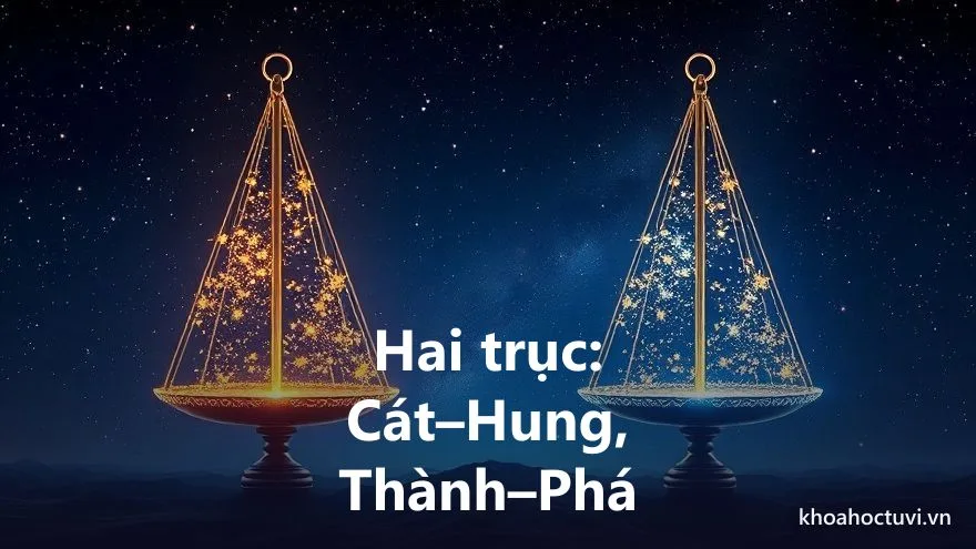 Hai trục phân loại cách cục tử vi: cát – hung theo bản chất và thành – phá theo trạng thái, minh họa bằng hai cán cân sao