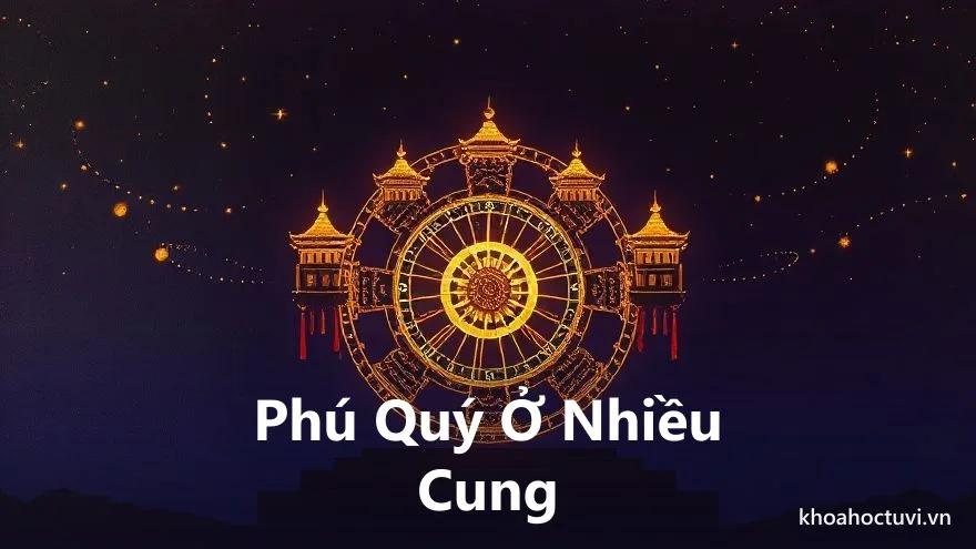 Năm cung sáng rực gồm Mệnh, Tài Bạch, Quan Lộc, Điền Trạch và Phúc Đức trên vòng mười hai cung cùng phát ánh sáng vàng hô ứng nhau bằng các dải sáng nối liền, trên nền trời tím thẫm điểm sao, minh họa phú quý hiện ở nhiều cung trong tử vi