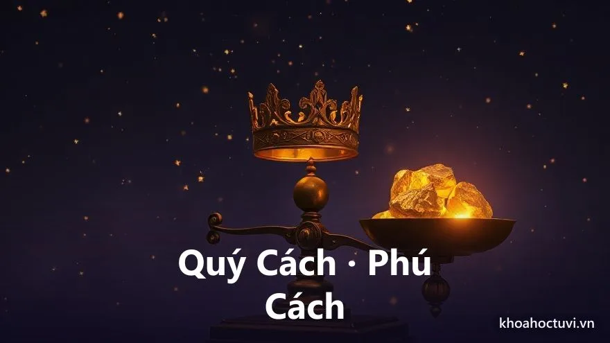 Một cán cân với hai đĩa cân bằng, một bên là chiếc mũ quan phát ánh sáng vàng tượng trưng quý cách danh vị, bên kia là những nén vàng thỏi tượng trưng phú cách của cải, trên nền trời tím sao, minh họa phân biệt quý cách và phú cách trong tử vi