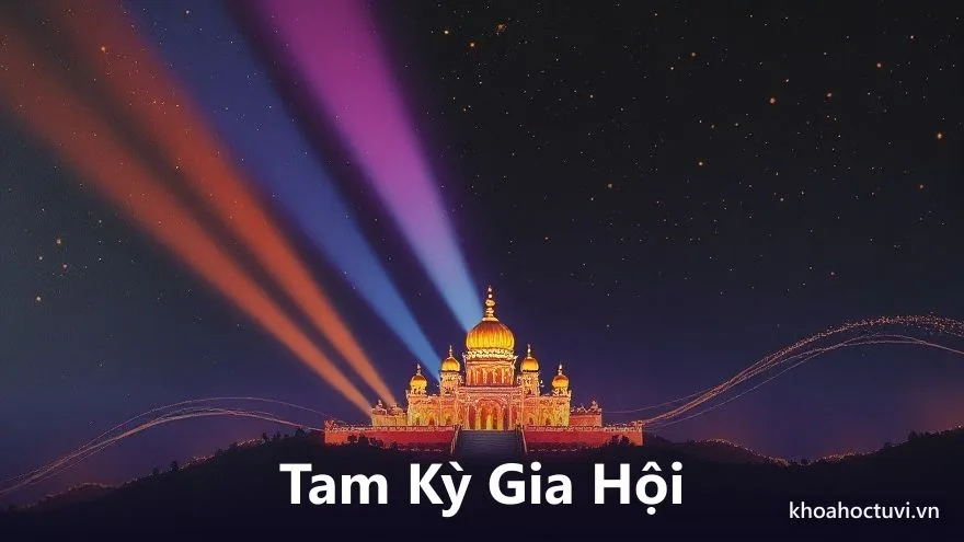 Ba luồng ánh sáng vàng, tím và xanh từ ba hướng cùng hội tụ về một cung sáng rực ở trung tâm vòng mười hai cung, xung quanh có các sao phụ trợ vây quanh, trên nền trời tím, minh họa cách cục Tam Kỳ Gia Hội và các cách cục phú quý kinh điển trong tử vi