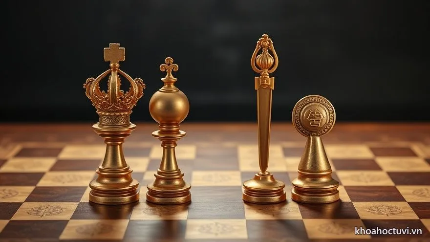 Bốn quân cờ vàng — vương miện, bảo châu, trường kiếm và chiếc ấn — dàn hàng trên bàn cờ cổ