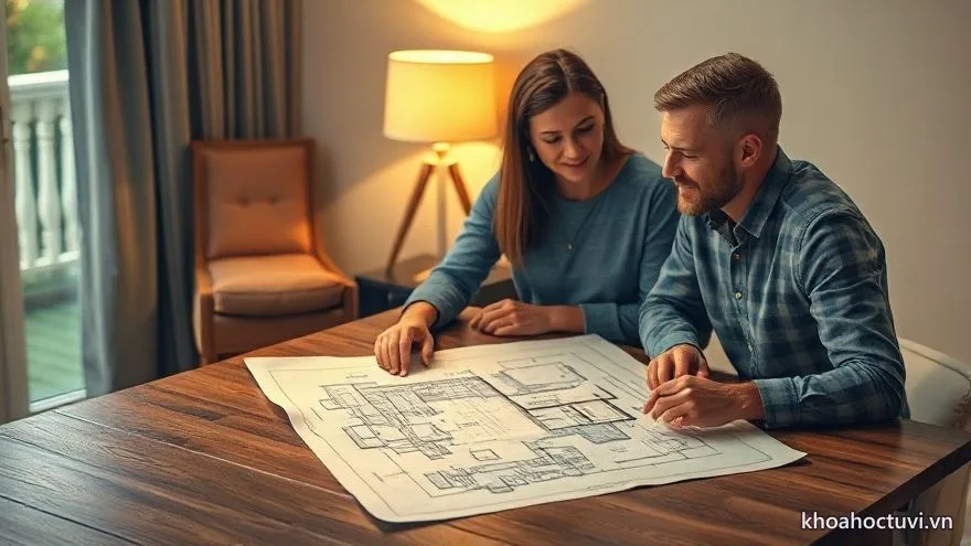 Đôi vợ chồng cùng xem bản vẽ ngôi nhà tương lai bên bàn gỗ, đèn ấm buổi tối